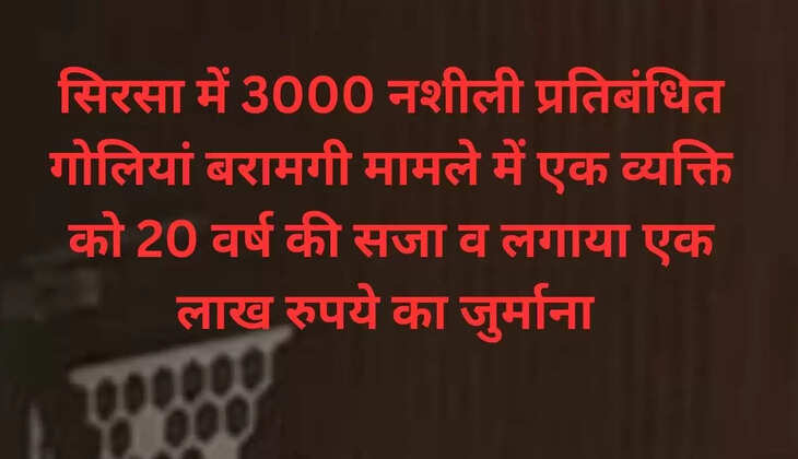  A man was sentenced to 20 years in prison and fined Rs 1 lakh for the seizure of 3,000 banned narcotic pills in Sirsa