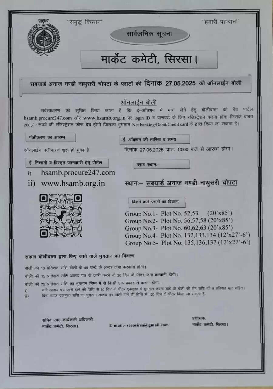 Bid for plots in Subyard Grain Market of Chaupata, Sirsa on 27 May 2025, online registration started, know the process