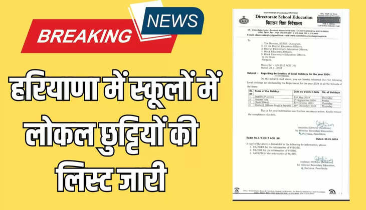  Haryana Holidays List: हरियाणा में स्कूलों में लोकल छुट्टियों की लिस्ट जारी, फटाफट चेक करें लिस्ट