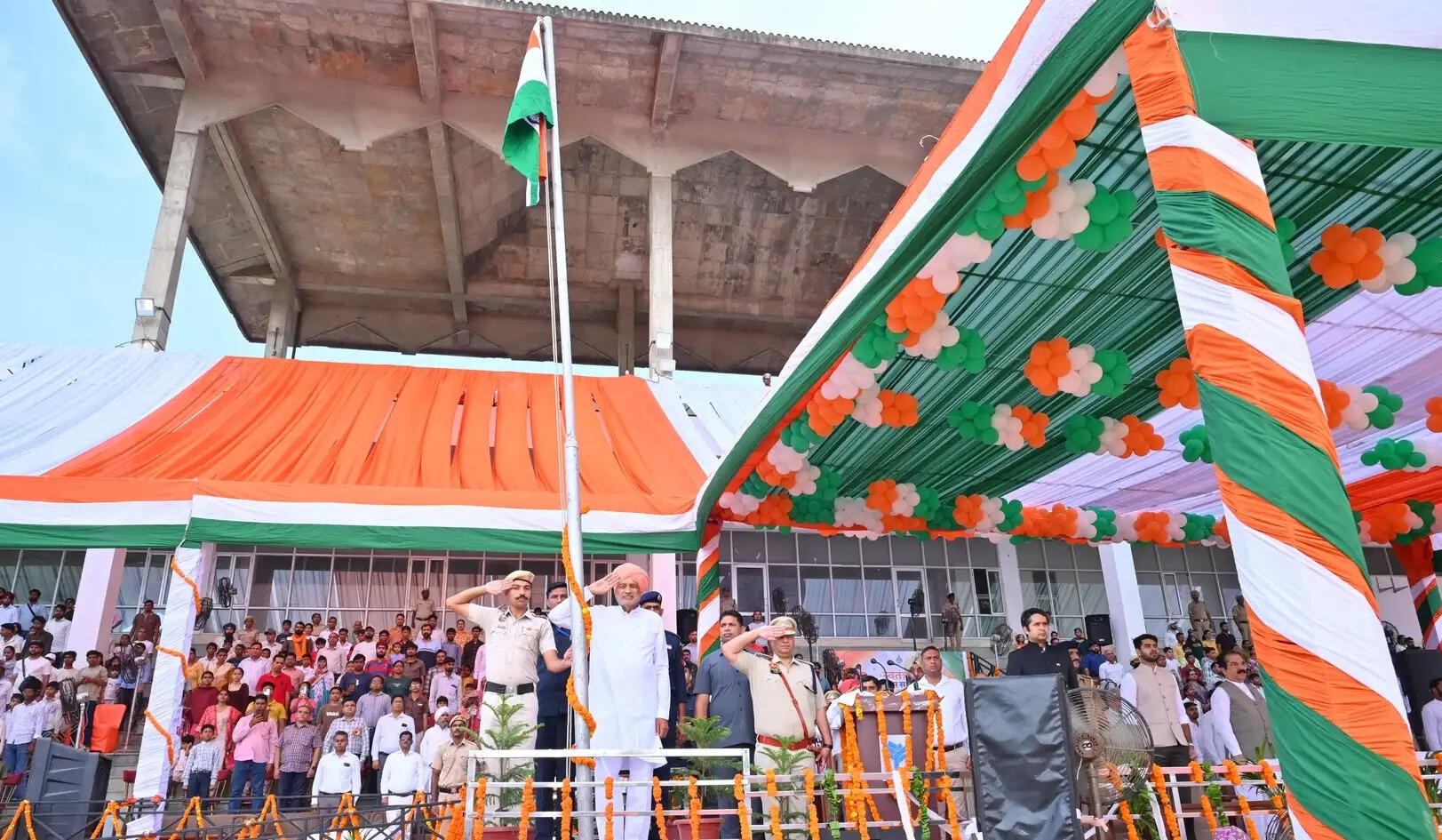 A district-level ceremony was held at Shaheed Bhagat Singh Stadium in Sirsa; the chief guest, Agriculture and Farmers' Welfare Minister Shyam Singh Rana, hoisted the flag