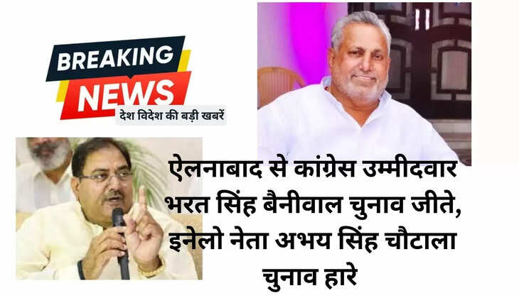 ऐलनाबाद से कांग्रेस उम्मीदवार भरत सिंह बैनीवाल चुनाव जीते, इनेलो नेता अभय सिंह चौटाला चुनाव हारे 