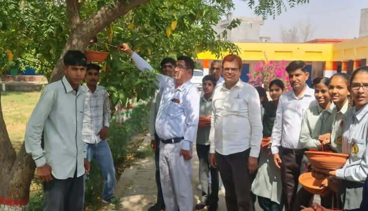Students of Shahpuria village of Sirsa district planted bird feeders for the birds
